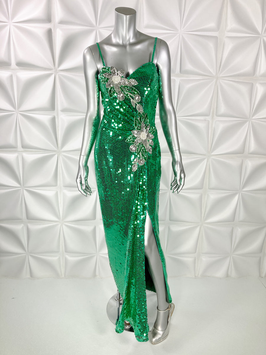 80s green dress Vintage 80s Green Silky Dress: St Michael UK Size 18, Long Sleeve Polyester