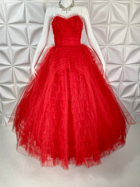 Vintage Dress Red Gown Tulle Ruffles Strapless 50s 1950s XS-S