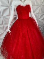 Vintage Dress Red Gown Tulle Ruffles Strapless 50s 1950s XS-S
