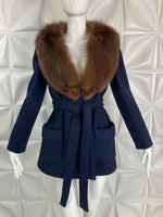 Vintage 100% Cashmere COAT Jacket Navy Blue with Brown Fox Fur collar