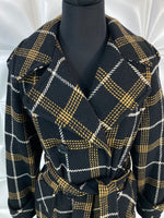 Vintage 70s plaid wool COAT black yellow white belted double breasted S-M