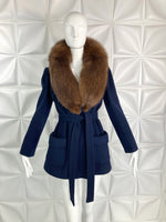 Vintage 100% Cashmere COAT Jacket Navy Blue with Brown Fox Fur collar