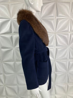 Vintage 100% Cashmere COAT Jacket Navy Blue with Brown Fox Fur collar