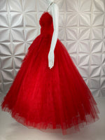 Vintage Dress Red Gown Tulle Ruffles Strapless 50s 1950s XS-S