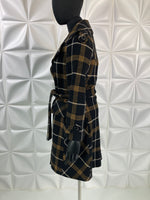 Vintage 70s plaid wool COAT black yellow white belted double breasted S-M