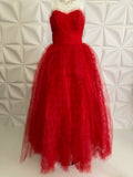 Vintage Dress Red Gown Tulle Ruffles Strapless 50s 1950s XS-S