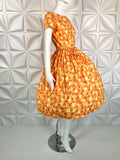 Vintage 50s DRESS Yellow Orange floral print Cotton S-M