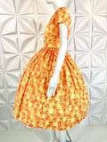 Vintage 50s DRESS Yellow Orange floral print Cotton S-M