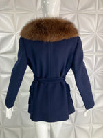 Vintage 100% Cashmere COAT Jacket Navy Blue with Brown Fox Fur collar