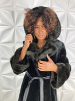 Vintage 70s Faux Fur hooded COAT bell sleeves belted S-M