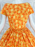 Vintage 50s DRESS Yellow Orange floral print Cotton S-M