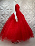 Vintage Dress Red Gown Tulle Ruffles Strapless 50s 1950s XS-S
